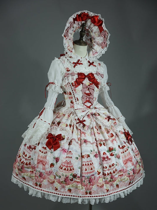 / Sweet Set Desserts Strawberry White Lolita JSK Print Bow and Full Accents
