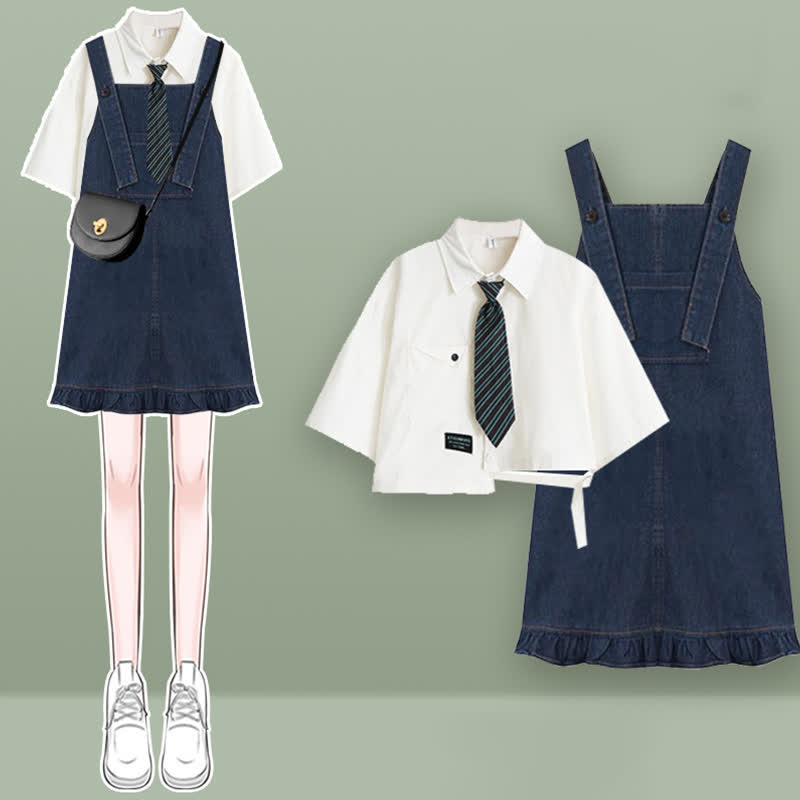 Pocket Lapel Tie T-Shirt Denim Overall Dress Set