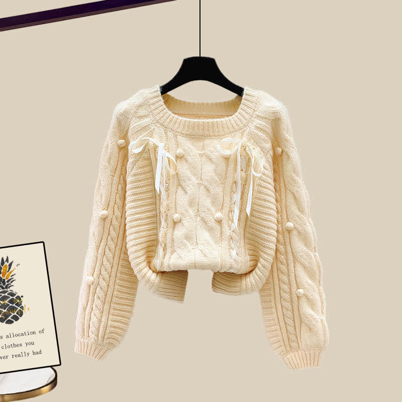 Pills Decor Cable Knit Sweater Skirt Set