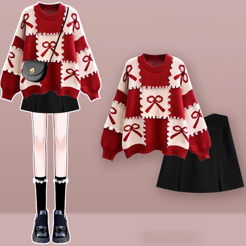 Bow Knot Print Sweater Plaid Pleated Skirt Set