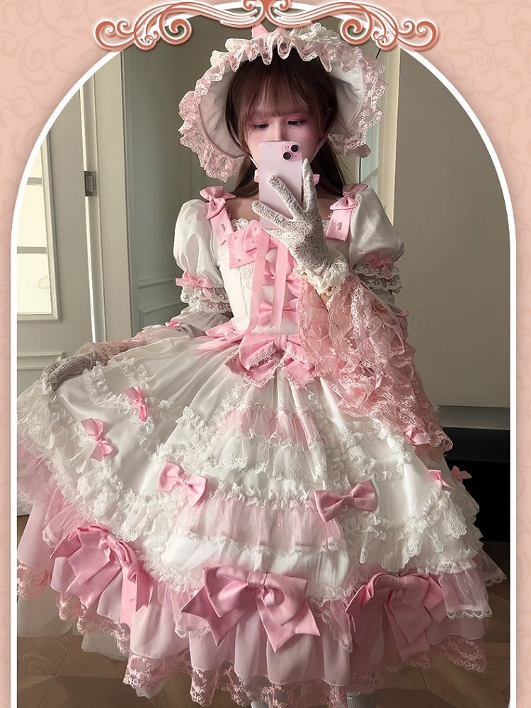 Princess Detachable with White High Sleeves Waist Accents Sweet Lolita Pink Dress Bow