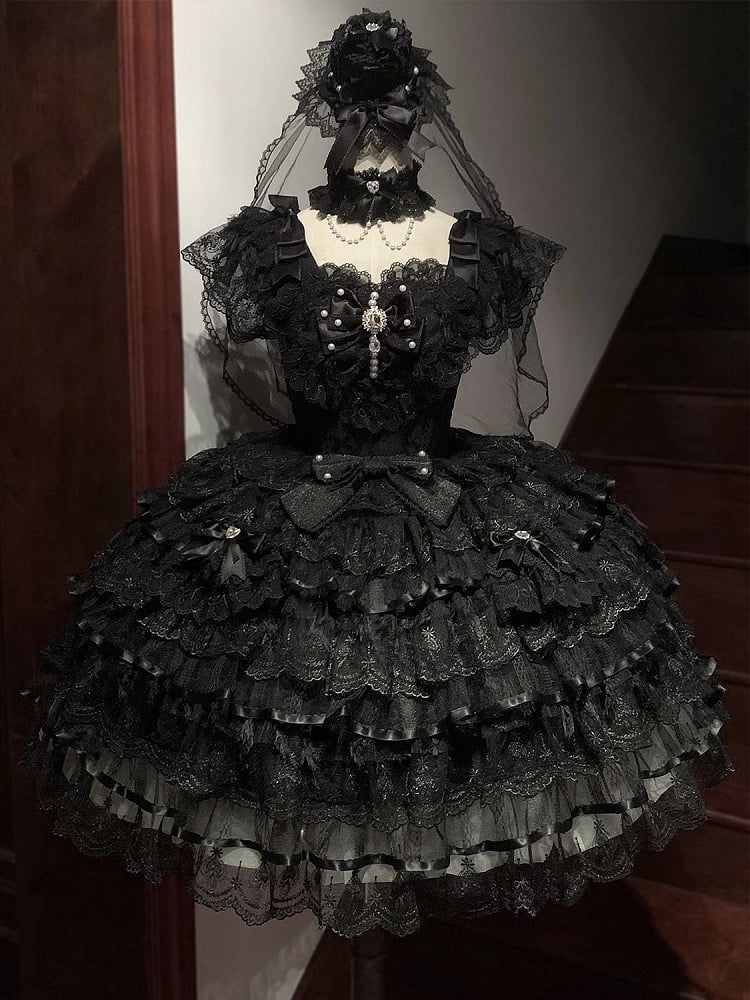Butterfly Fabric Black Dress Tiered Hime All Bodice Skirt Lolita Hanayome