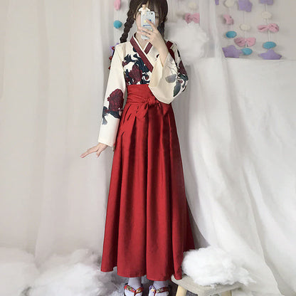 Vintage Rose Flower Print Kimono Shirt Lace Up Pleated Skirt