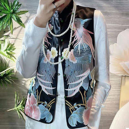 Floral Embroidery Buckle Sleeveless Satin Vest