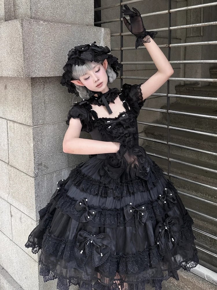 with Black Details Dress Big Accents Princess Lolita Bead All at Back and Bow