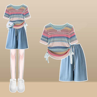 Rainbow Stripe T-Shirt Casual Draw String Shorts Pants modakawa