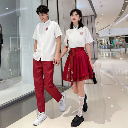 Couple Vintage Embroidery T-Shirt Lace Up Skirt Pants