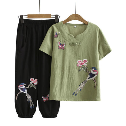 Vintage Bird Embroidery Buckle T-Shirt Pants Set