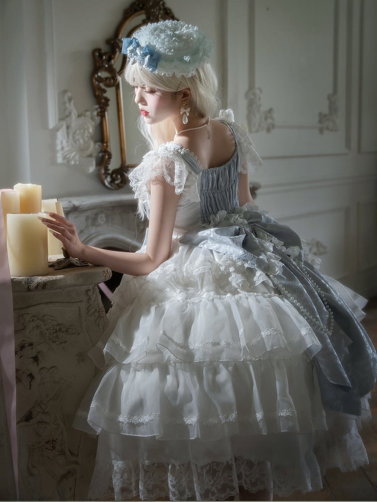 Hanayome and Hime Dress Blue Lolita Decoration White Skirt Bows Tiered