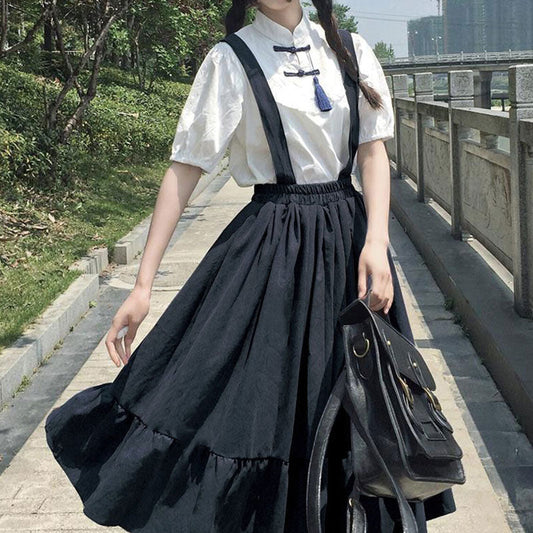 Vintage Buckle Tassel T-Shirt Suspender Skirt Set