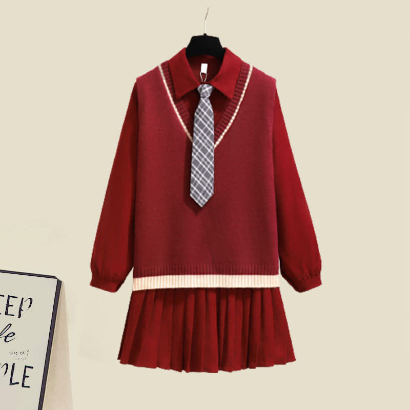 Chic Knit Vest Lapel Tie Pleated Shirt Dress Set