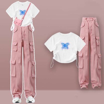 Butterfly Print Draw String T-Shirt Pocketed Cargo Pants