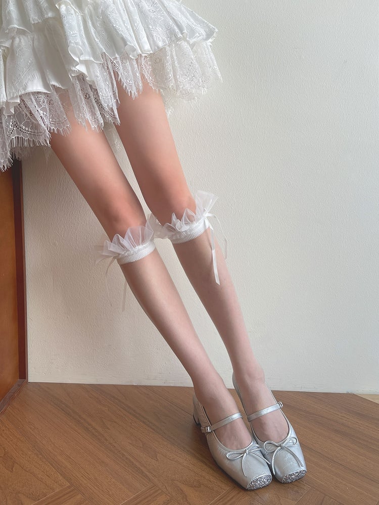 Tulle Stockings Underknee Details White Ruffled Bowknot