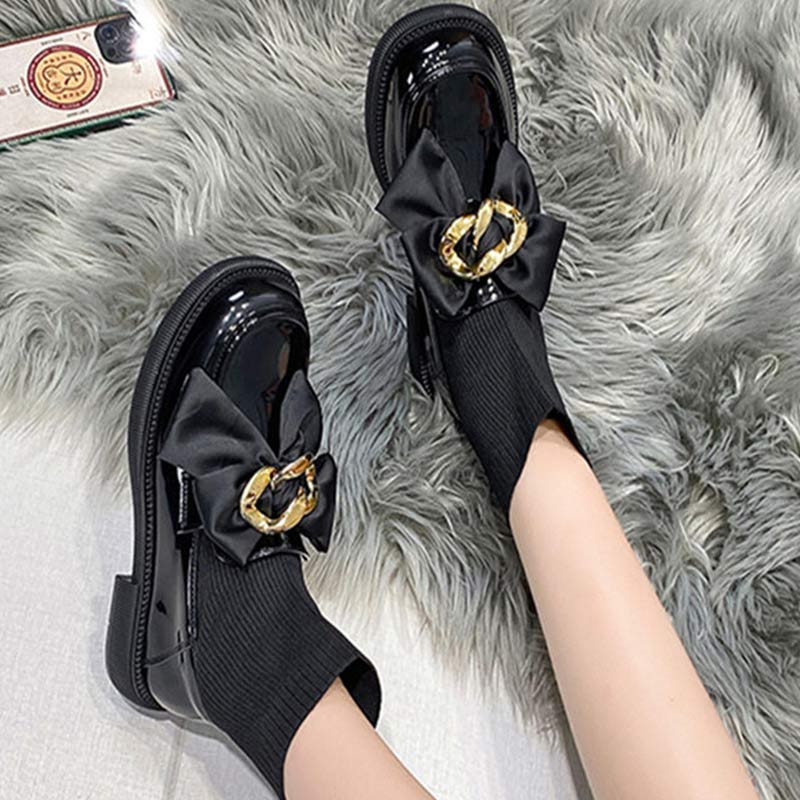 Black Bow Slip-On Leather Sock Boots