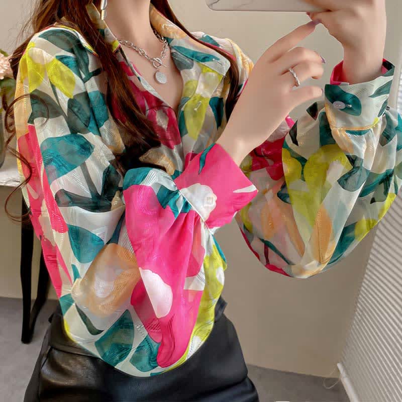 Color Floral Print Puff Sleeve Lapel Shirt Workwear