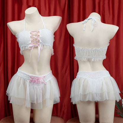 Sweet Halter Lace up Chiffon Maid Lingerie Set