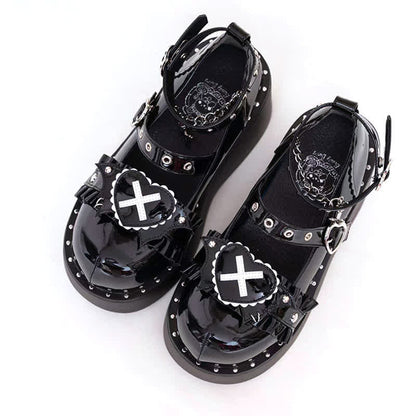 Sweet Punk Cross Love Heart Chain Strap Buckle Platform Shoes