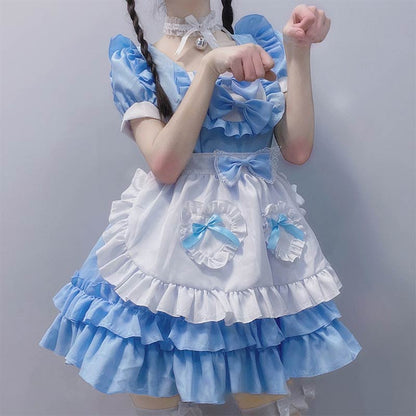 Kawaii Blue Lace Up Bow Maid Lolita Dress