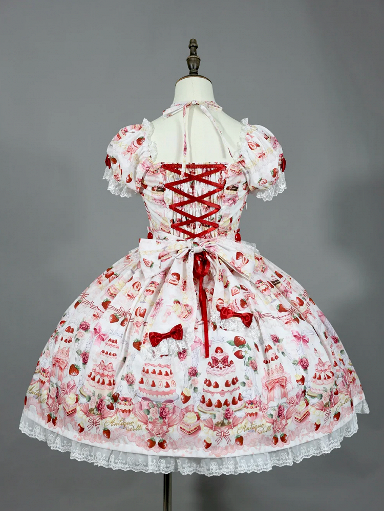 White Strawberry / Accents Sweet Set Dress Full Cake Print Lolita Bow