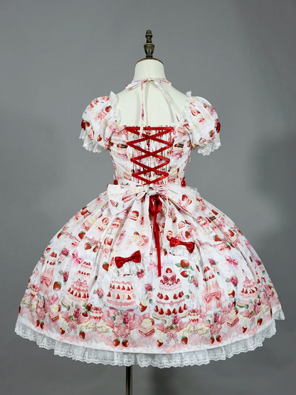 White Strawberry / Accents Sweet Set Dress Full Cake Print Lolita Bow