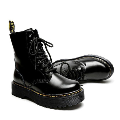 Black Leather Platform Lace Up Martin Boots