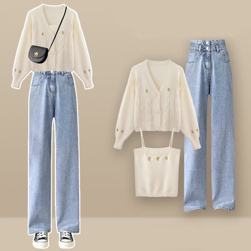 Embroidery Top Cardigan Blue Denim Pants Set