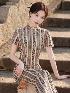 Stripe Flora Short Sleeve Long Cheongsam