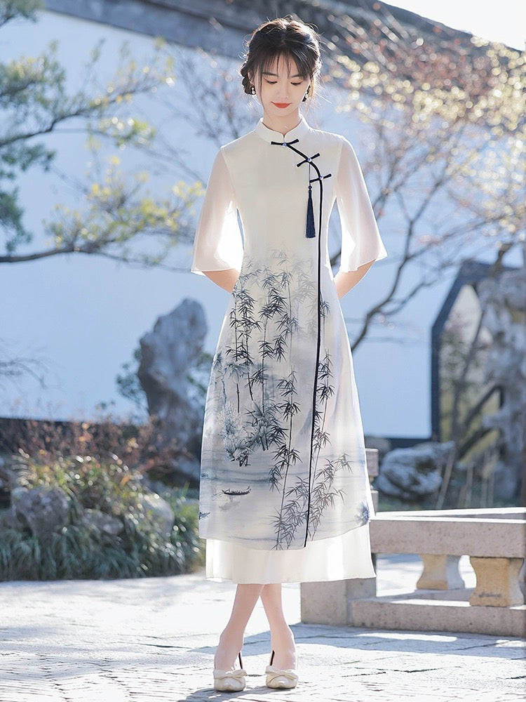 White Elegant Wide Sleeve Long Cheongsam