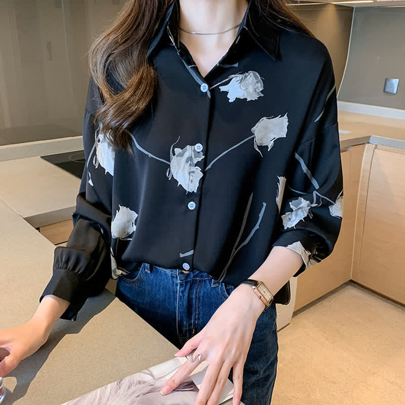 Rose Print Lapel Satin Shirt