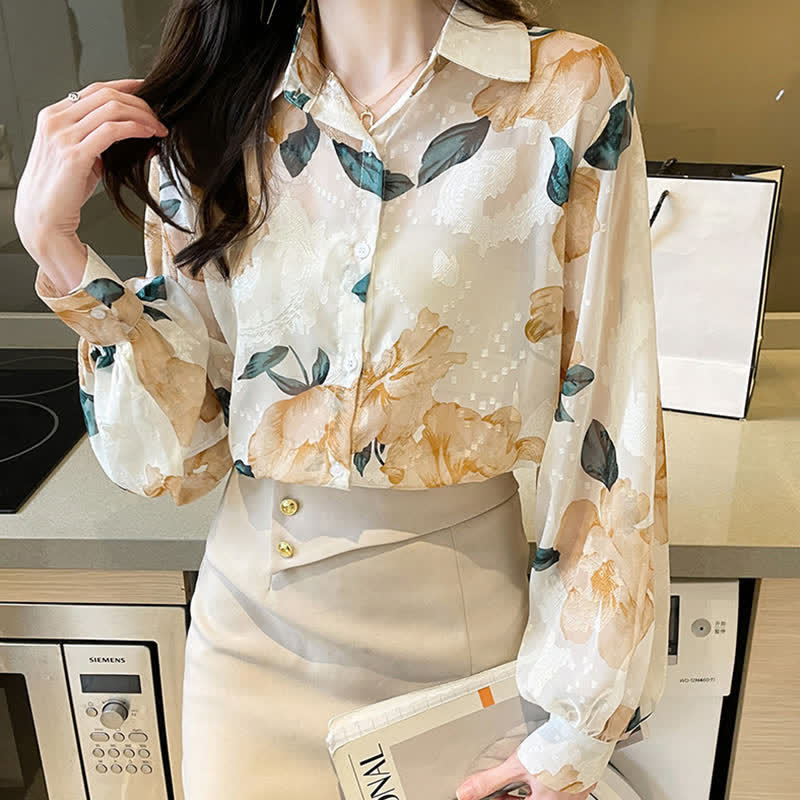 Sweet Floral Puff Sleeve Lapel Chiffon Shirt