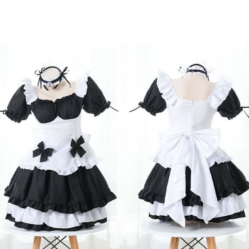 Black Sweet Off Shoulder Bow Knot Lace Up Maid Dress Lingerie