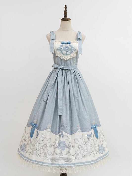 Blue Jumper Floral and Titmouse Print Skirt Lolita