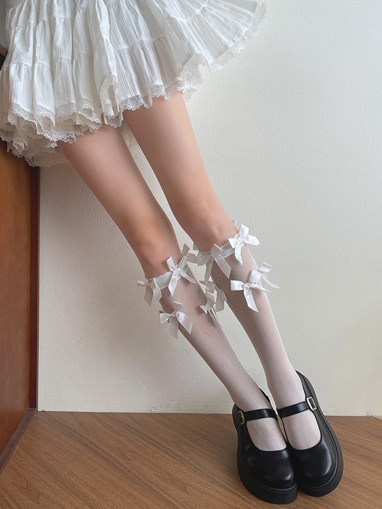 Bowknot Details Stockings Underknee Semi-sheer White/Black