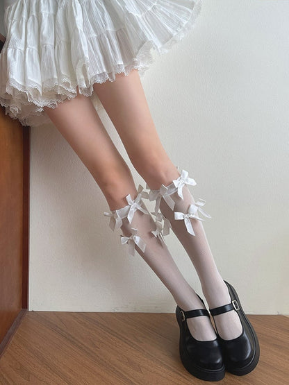 Bowknot Details Stockings Underknee Semi-sheer White/Black