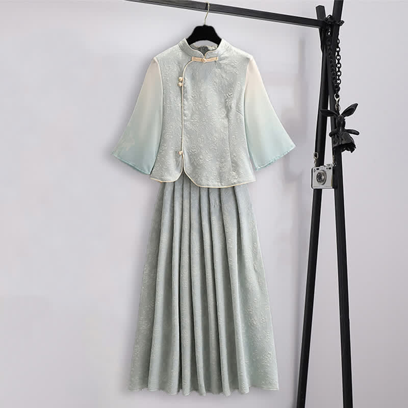 Vintage Hanfu Jacquard Buckle Shirt Pleated Skirt