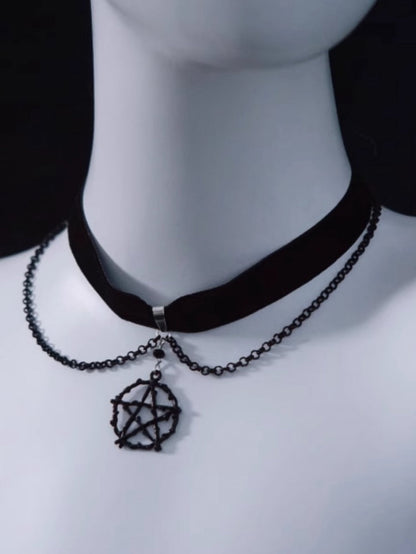 Gothic Pentagram Black Velvet Choker with Chains