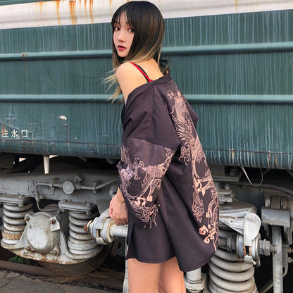 Mysterious Dragon Print Kimono Outerwear