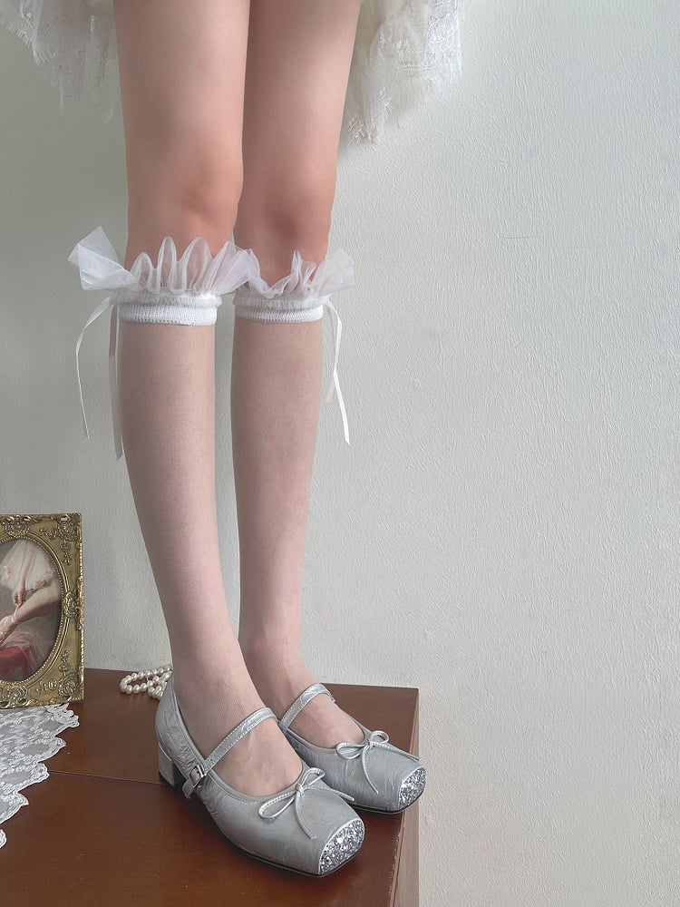 Tulle Stockings Underknee Details White Ruffled Bowknot
