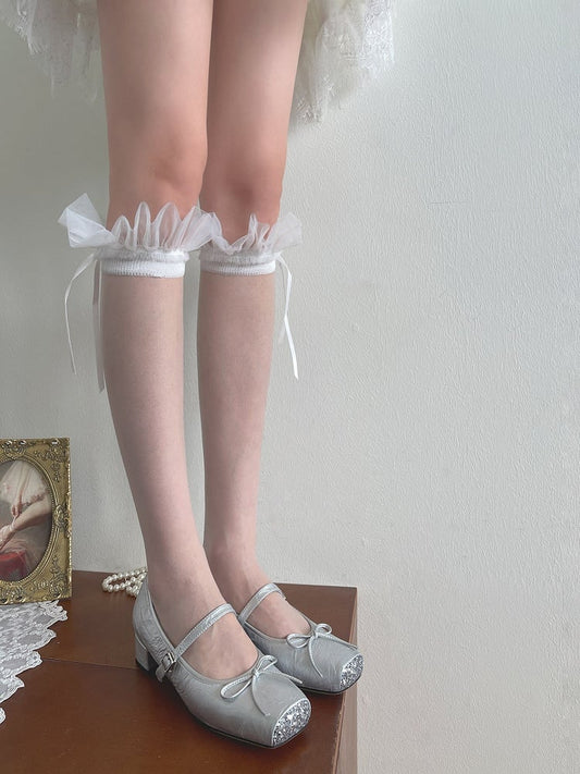 Tulle Stockings Underknee Details White Ruffled Bowknot