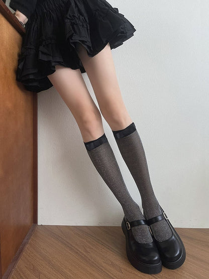 Details Stockings Underknee Light Semi-sheer Bowknot Grey/Black