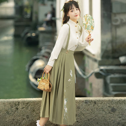 Buckle Floral Embroidery Green Dress Set