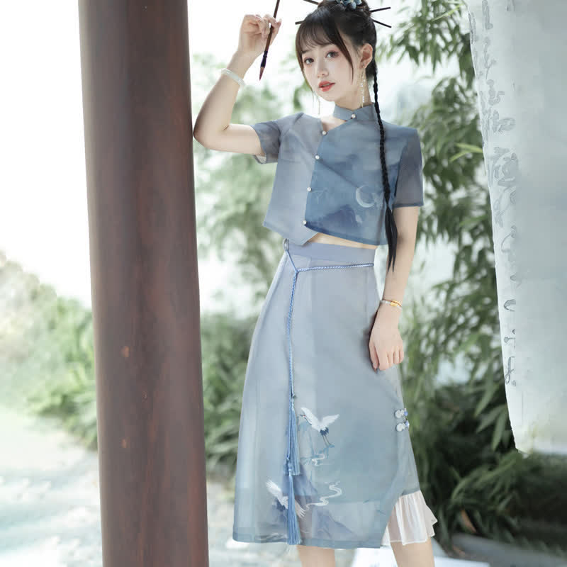 Vintage Crane Print Irregular T-Shirt Skirt