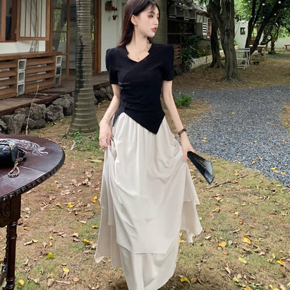 Elegant Buckle Irregular T-Shirt Layered Midi Skirt Set