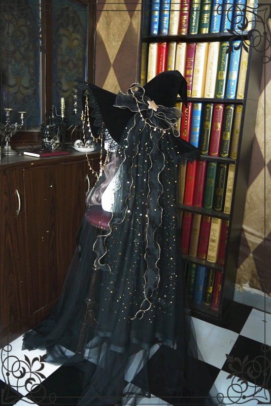 Halloween Dark Fancy Shiny Veil and Stars Chain Witch Hat