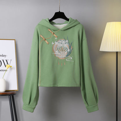 Exquisite Embroidery Buckle Long Sleeve Plush Hoodie Skirt