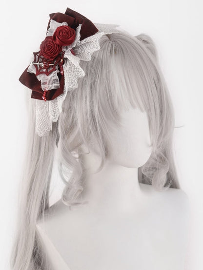 Spider Web White and Red Rosettes Big Bow Hairclip