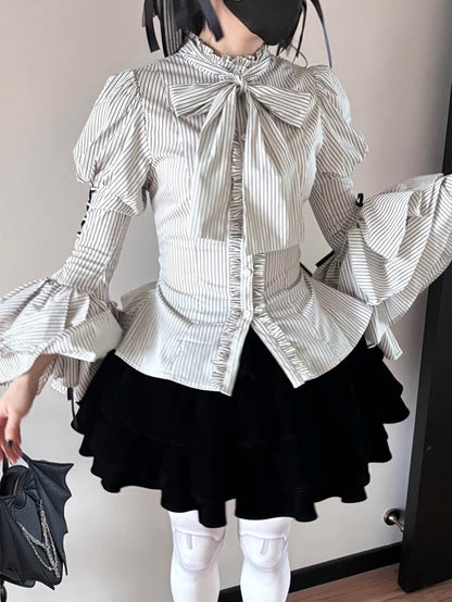 Blue Collar Layered Bell Sleeves Lolita Striped Shirt