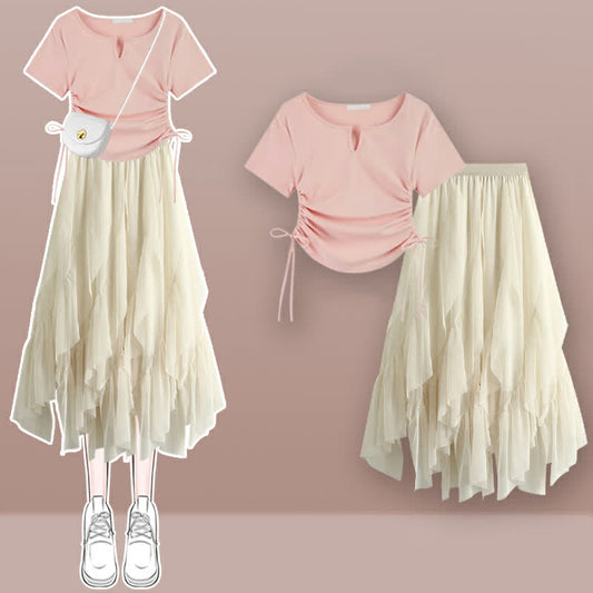 Lace Up Ruffled T-Shirt Tulle Tiered Skirt Set