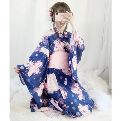 Vintage Cat Sakura Print Kimono Dress