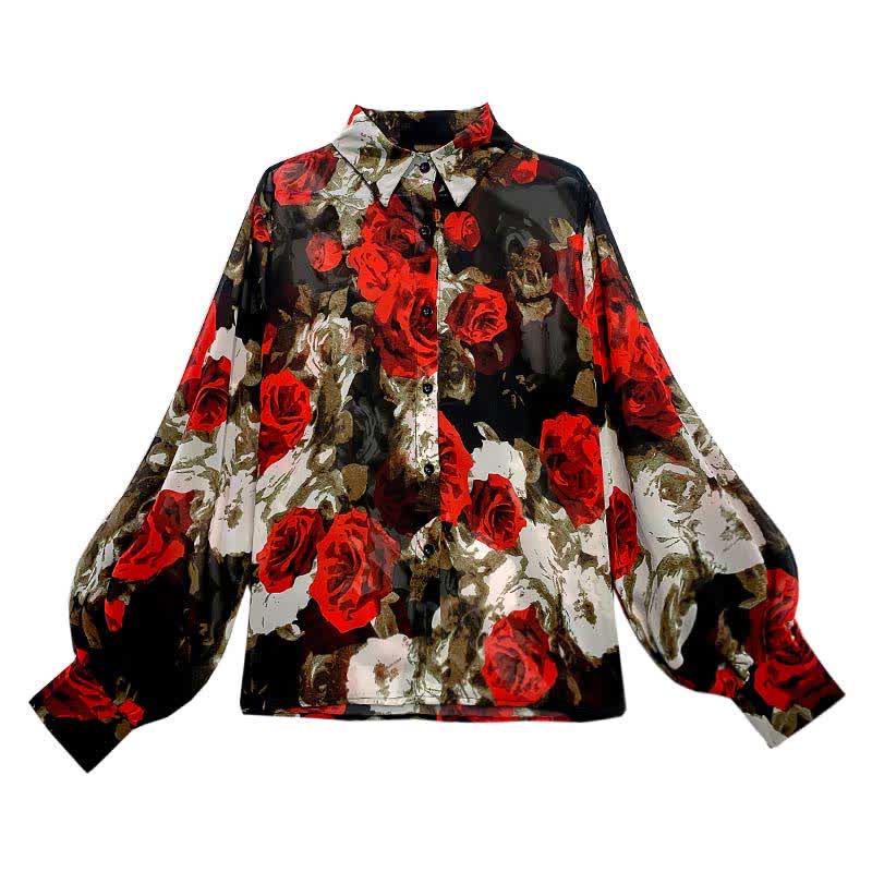 Vintage Red Floral Print Puff Sleeve Shirt Workwear